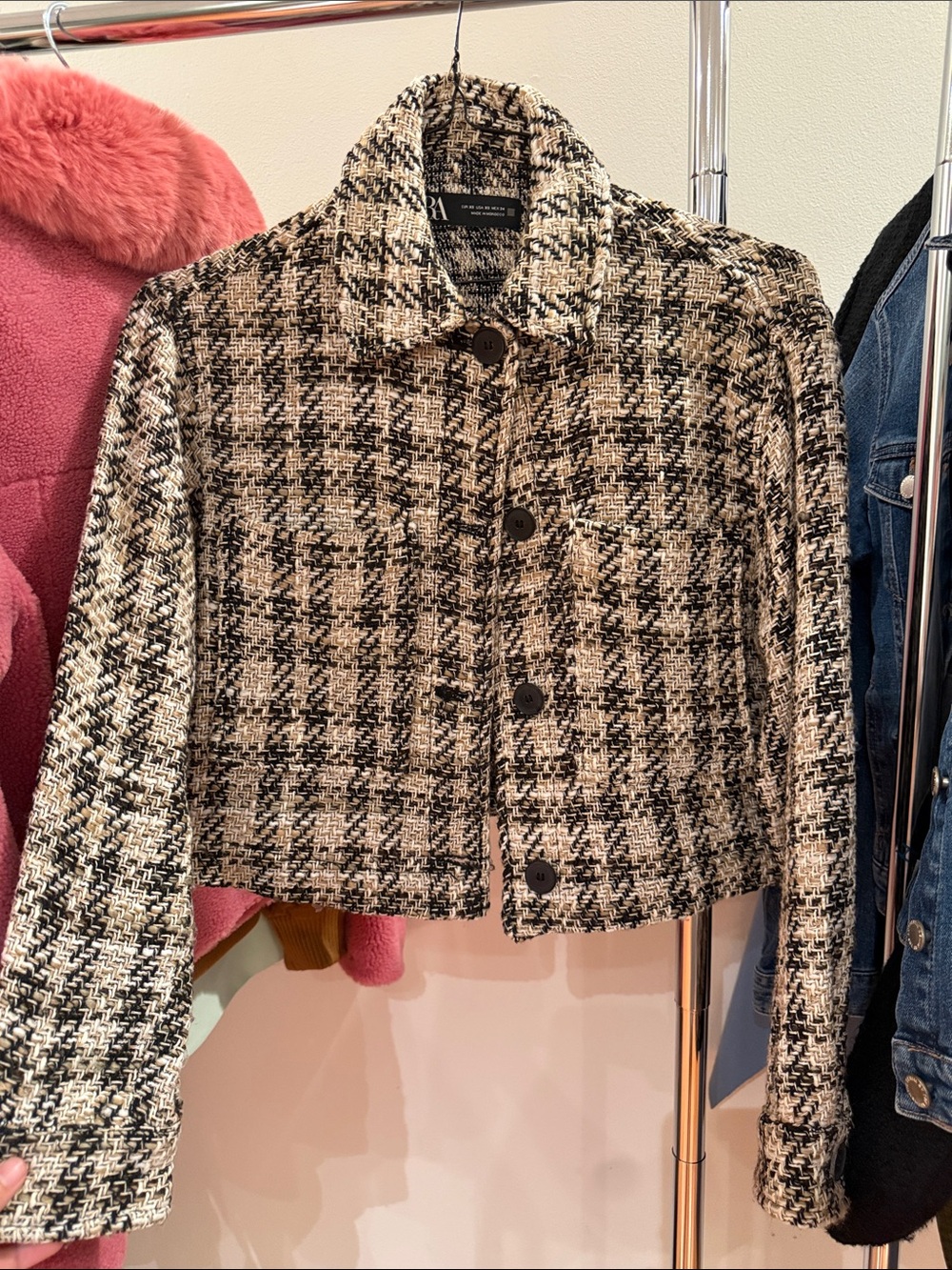 Zara Cropped Tweed Plaid Jacket - Black & Cream